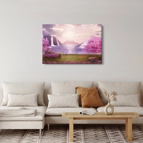 Obraz ružových stromov s jazerom (90x60 cm)