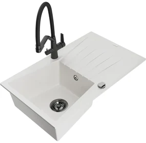 Mexen Cesar, 1-komorový granitový drez 775x470x190 mm a drezová batéria Duo, biela, 6514-20-671701-70-B