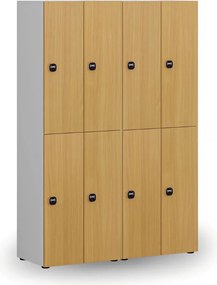 Drevená šatníková skrinka S4 s úložnými boxmi, 4 boxy, demont, RFID zámok, sivá/orech