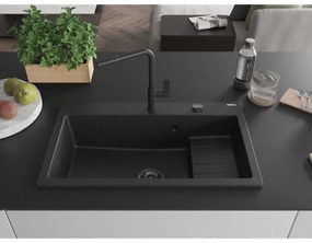 Mexen Omar, 1-komorový granitový drez 800x480x210 mm, čierna-strieborná metalíza, grafitový sifón, 6520801005-73-B