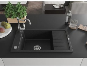 Mexen Elias, granitový drez 795x480x200 mm, 1-komorový a drezová batéria Carla, čierna-strieborná metalíza, 6511-73-670700-00