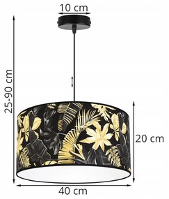 Závesné svietidlo Gold Flowers, 1x čierne textilné tienidlo s kvetinovým vzorom, (fi 40cm)
