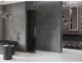 Mexen Velar, sprchová zástena s posuvnými dverami Walk-in 75 x 200 cm, 8mm šedé sklo, zlatá matná, 871-075-000-43-55