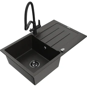 Mexen Bruno, 1-komorový granitový drez 795x495x200 mm a drezová batéria Duo, čierna-zlatá metalíza, 6513-75-671701-70-B