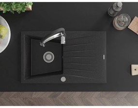 Mexen Cesar, 1-komorový granitový drez 775x470x190 mm a drezová batéria Aster, čierna-strieborná metalíza, 6514-73-73450-07