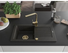 Mexen Pablo, granitový drez 752x436x161 mm, 1-komorový a zlatá batéria Rita, čierna-zlatá metalíza, 6510-75-670300-50