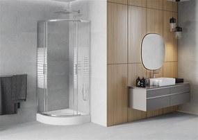 Mexen Rio, štvrťkruhový sprchovací kút s posuvnými dverami 80 x 80 cm, 5mm číre sklo/pásy, chrómový profil + biela vysoká sprchová vanička Rio, 863-080-080-01-20-4710