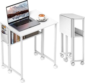 HOMCOM Folding Small Desk 63 cm | Space-Saving Rolling Computer Desk with Shelf & Side Pocket, White | Aosom