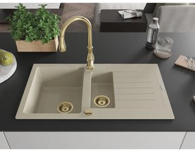 Mexen Matias, 1,5-komorový granitový drez 900x505x200 mm a drezová batéria Savita, béžová, 6502-69-672601-50