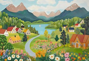 Fototapeta - Dedina v horách (147x102 cm)