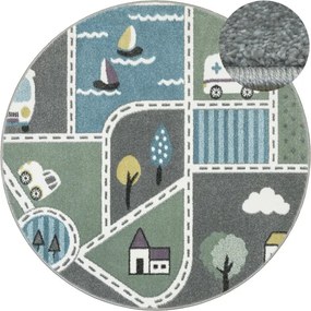 Detský koberec C262A Ulice svetlosivý / zelený / tyrkysový kruh