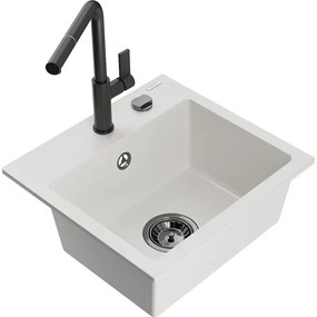 Mexen Milo, 1-komorový granitový drez 435x410x171 mm a drezová batéria Flora, biela, 6505-20-670401-70-B