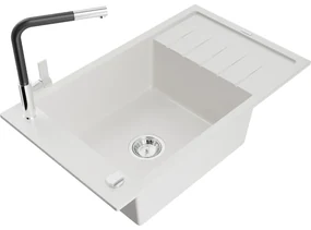 Mexen Elias, 1-komorový granitový drez 795x480x200 mm a drezová batéria Flora, biela, 6511-20-670401-07