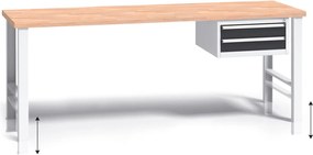 Výškovo nastaviteľný pracovný stôl do dielne G3 so závesným boxom na náradie, buková škárovka, 2 zásuvky, 2000 x 685 x 840 - 1050 mm, grafit