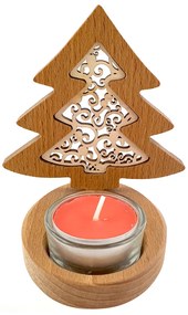AMADEA Drevený svietnik stromček s vkladom - ornament, masívne drevo, výška 10 cm