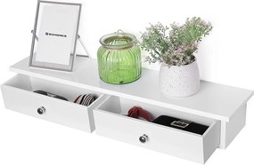 Nástenná plávajúca polica s 2 zásuvkami, lesklý povrch, biela