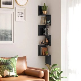 Rohová polica, 5-poschodová plávajúca polica s dizajnom zikzak, čierna