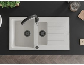 Mexen Matias, 1,5-komorový granitový drez 900x505x200 mm a drezová batéria Savita, biela, 6502-20-672601-70
