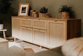 Široká komoda so zásuvkami Bali, dub sonoma/výplet