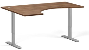 Ergonomický výškovo nastaviteľný stôl, 160x120 cm, 2 motory, L/P, sivá podnož, orech