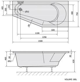 Polysan Polysan, TIGRA asymetrická vaňa 150x75x46cm, prava, biela, 72933