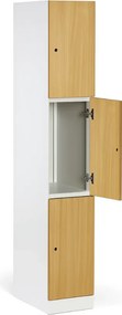 Šatníková skrinka S1 s úložnými boxmi, 3 boxy, 1850 x 300 x 500 mm, zámok s čítačkou RFID kariet, laminované dvere, dub prírodný