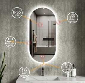 Erga Demi, oválne LED zrkadlo 50x100cm, 3 farby svetla, predné osvetlenie, vyhrievacia podložka proti zapareniu, ERG-V01-DEMI-5010-CL