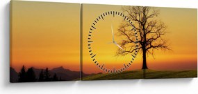 Obraz stromu na poli (s hodinami) (90x30 cm)