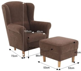 Kondela Kreslo, ušiak s taburetom, hnedá látka, ASTRID