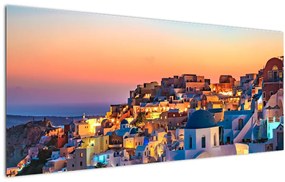 Obraz - Santorini pri zotmení (120x50 cm)