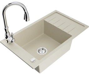 Mexen Elias, 1-komorový granitový drez 795x480x200 mm a drezová batéria Savita, béžová, 6511-69-672601-00