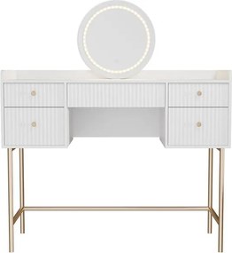 Toaletný stolík s LED zrkadlom, 5 zásuviek, biela/zlatá