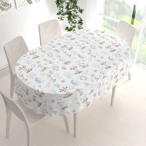 Biante Detský bavlnený oválny obrus Sandra SA-478 Lesné zvieratká v čučoriedkach na bielom 50x100 cm