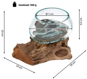 Fúkaná sklenená miska na teakovom dreve, 10 cm