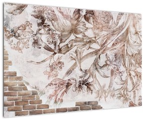 Obraz - Kvetinová freska na tehlovej stene (90x60 cm)
