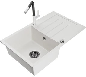 Mexen Bruno, 1-komorový granitový drez 795x495x200 mm a drezová batéria Flora, biela, 6513-20-670401-07-B