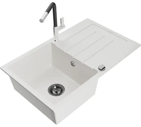 Mexen Bruno, 1-komorový granitový drez 795x495x200 mm a drezová batéria Flora, biela, 6513-20-670401-07-B