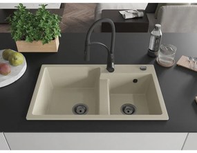 Mexen Tomas, 2-komorový granitový drez 800x500x190 mm a drezová batéria Aster, béžová, 6516-69-73450-70-B