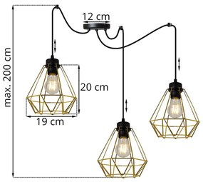 Závesné svietidlo FUSION SPIDER, 3x zlaté drôtené tienidlo