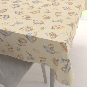 Biante Detský bavlnený obdĺžnikový obrus Sandra SA-670 Sivo-hnedé morské panny s delfínmi na žltobéžovom 140x220 cm