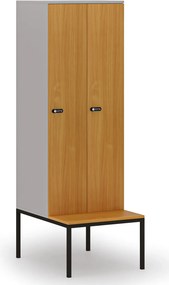 Drevená šatníková skrinka S4 s lavičkou, 2 oddiely, 1871 x 600 x 500/800 mm, demont, mechanický kódový zámok, sivá/buk