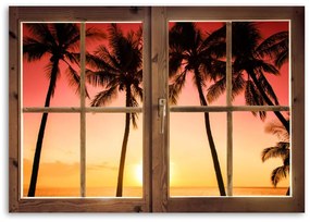 Obraz na plátně Palmové stromy okno západu slunce - 100x70 cm