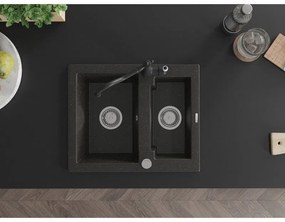 Mexen Carlos, granitový drez 582x475x177 mm, 1,5-komorový a drezová batéria Carla, čierna-zlatá metalíza, 6518-75-670700-70