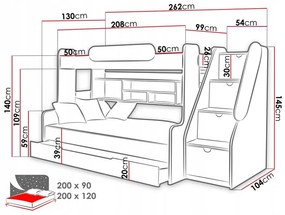 Detská poschodová posteľ s rozšíreným spodným lôžkom a šuplíkom SEGAN bielo-šedá - 200x90/120 cm