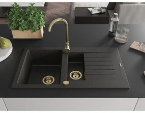 Mexen Matias, 1,5-komorový granitový drez s odkvapkávačom 90x50 cm a kuchynskou batériou Telma, čierna-zlatá, 6502-75-670200-50