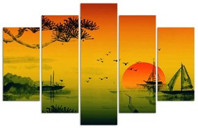 Obraz na plátně pětidílný Západ slunce v Japonsku - 200x100 cm