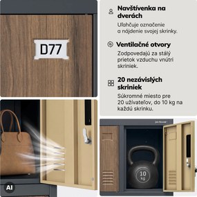 Šatňová skrinka s 20 priehradkami na nožičkách, antracitová/orechová, 1360x1720x450 mm: ROBERT Eco Design