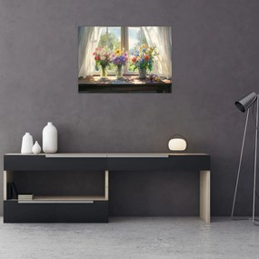 Sklenený obraz - Kytica pri okne (70x50 cm)
