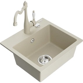 Mexen Milo, granitový drez 435x410x171 mm, 1-komorový a drezová batéria Carla, béžová, 6505-69-670700-69