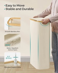 Úzky kôš na prádlo s viečkom, 65 L, krémovo biely